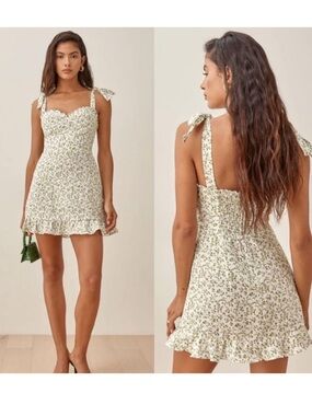 Floral Green and White Reformation Linen Dress